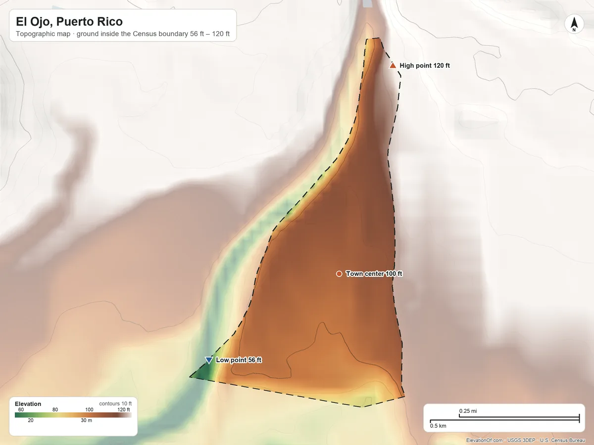 Topographic elevation map of El Ojo, Puerto Rico, shaded from 56 ft on the southwest side to 120 ft at the foot of the Cerros de Santini
