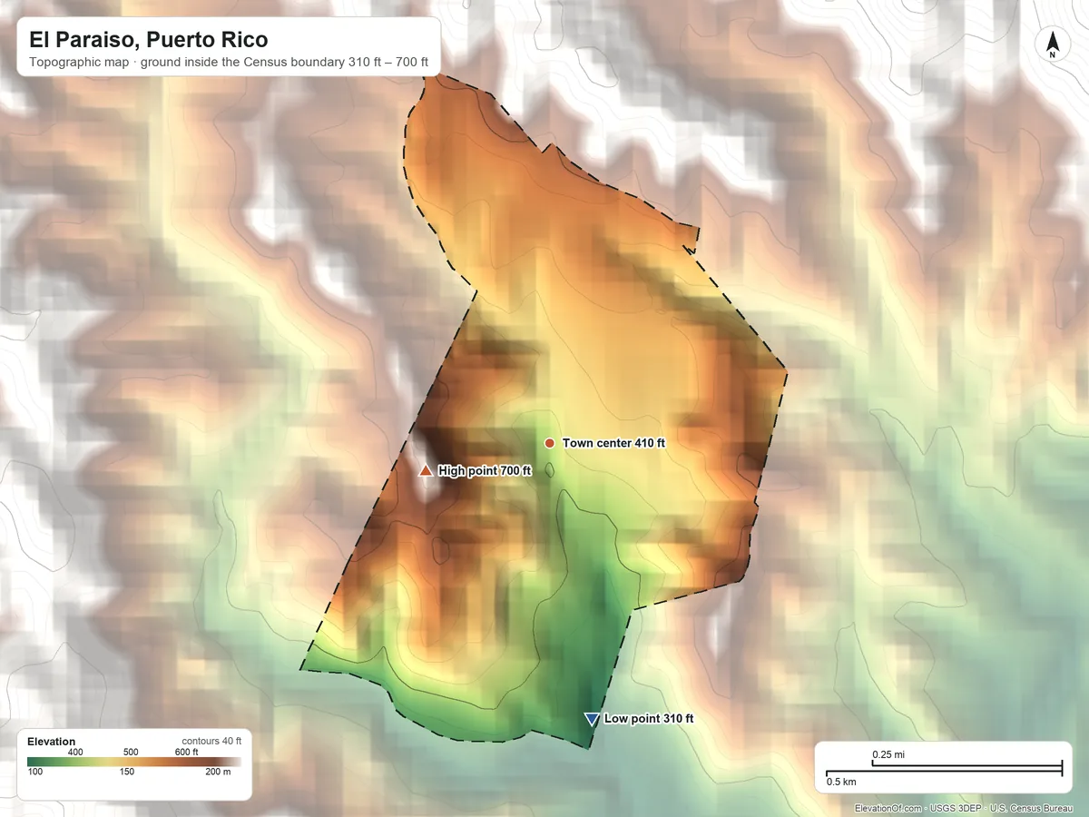 Topographic elevation map of El Paraiso, Puerto Rico, shaded from 310 ft on the south side to 700 ft at the foot of the Montes de Barina