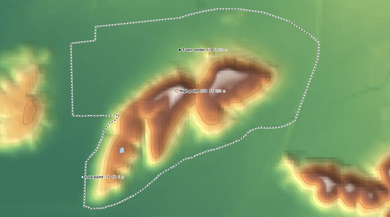 Topographic elevation map of El Tumbao, Puerto Rico, shaded from 18 ft on the southwest side to 350 ft on the south side