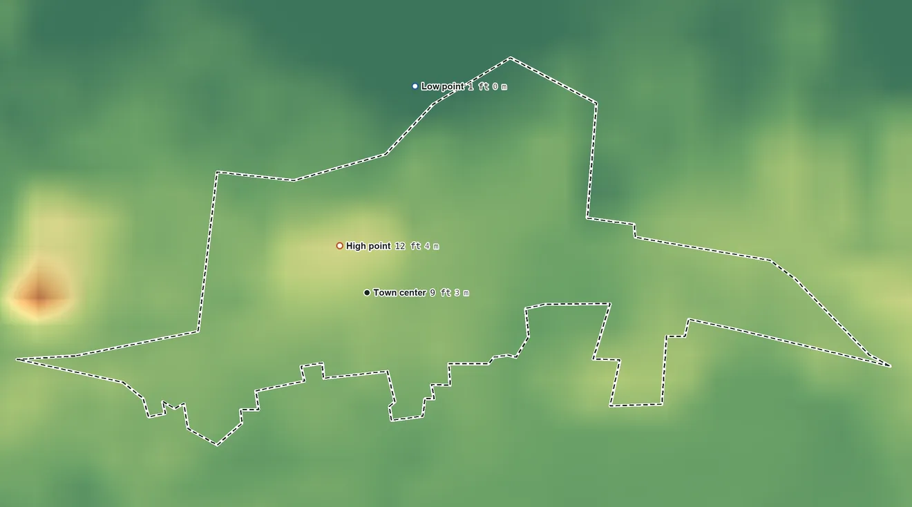 Topographic elevation map of El Veintiséis, Puerto Rico, shaded from 1 ft on the north side to 12 ft at the foot of the Montañas de Corozal