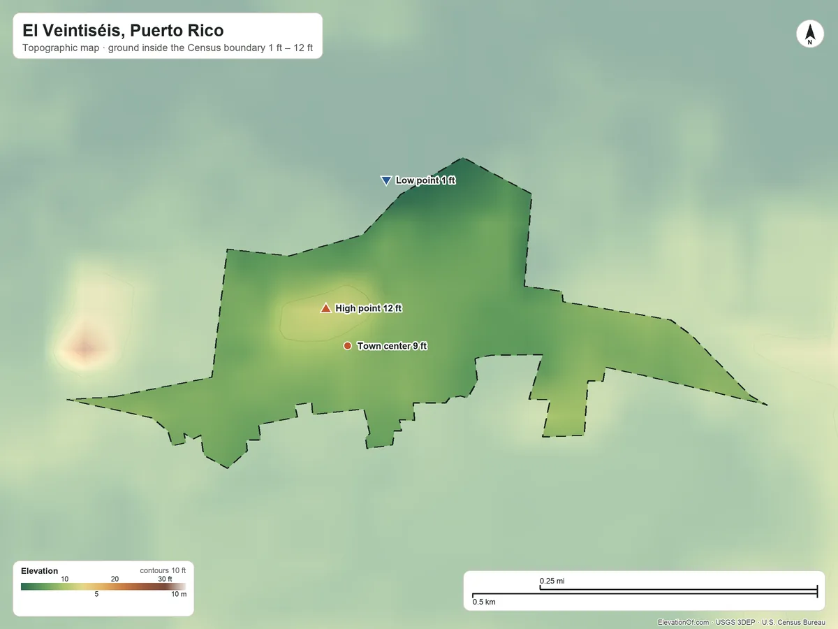Topographic elevation map of El Veintiséis, Puerto Rico, shaded from 1 ft on the north side to 12 ft at the foot of the Montañas de Corozal