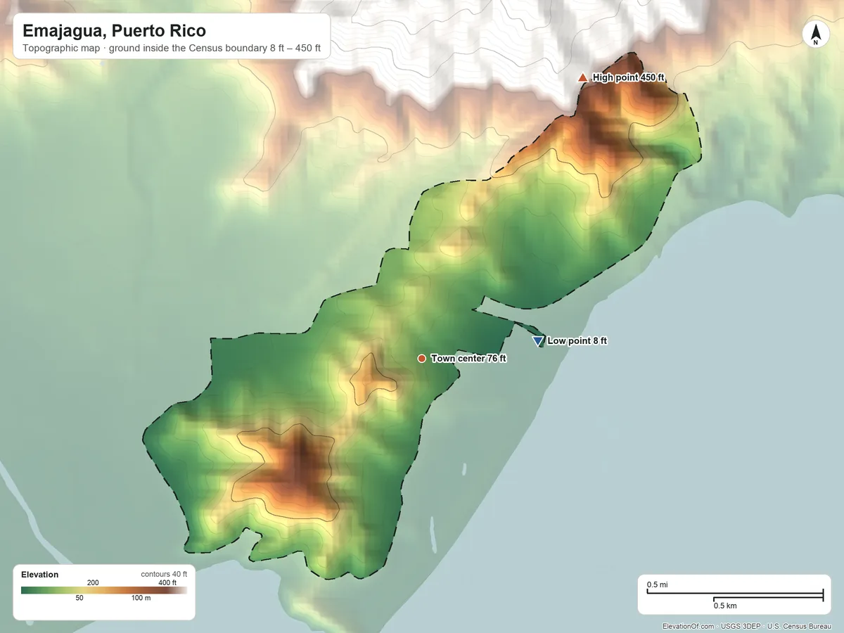 Topographic elevation map of Emajagua, Puerto Rico, shaded from 8 ft on the east side to 450 ft at the foot of the Sierra de Guardarraya