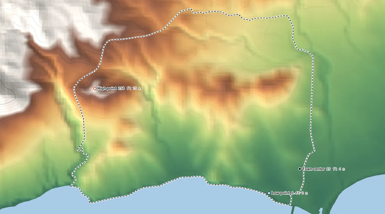 Topographic elevation map of Esperanza, Puerto Rico, shaded from sea level level on the Mar Caribe to 250 ft on the west side