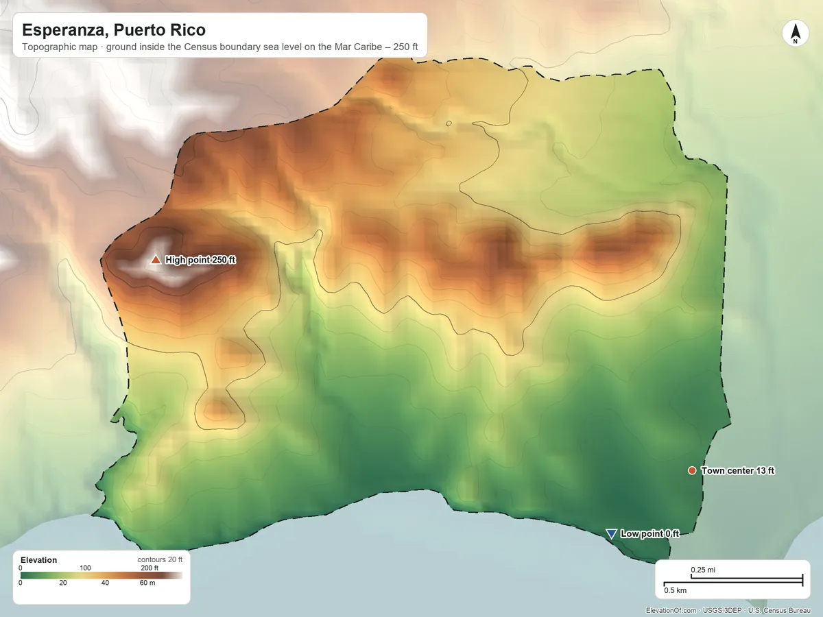 Topographic elevation map of Esperanza, Puerto Rico, shaded from sea level level on the Mar Caribe to 250 ft on the west side