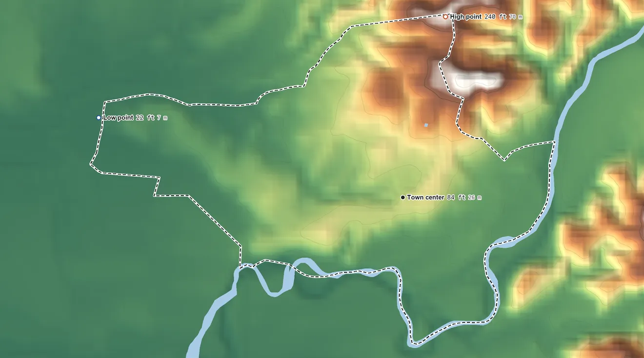 Topographic elevation map of Espino, Puerto Rico, shaded from 22 ft on the west side to 240 ft at the foot of the La Cadena