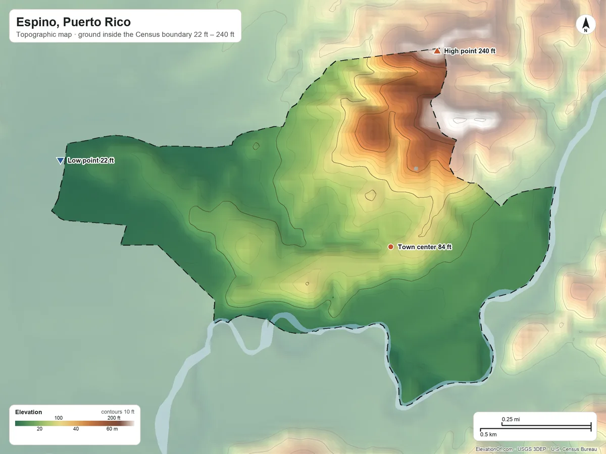 Topographic elevation map of Espino, Puerto Rico, shaded from 22 ft on the west side to 240 ft at the foot of the La Cadena