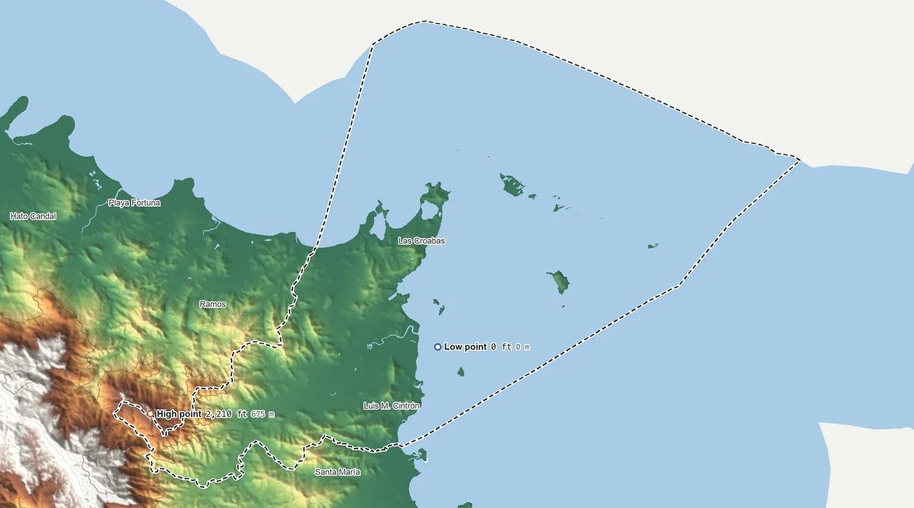 Topographic elevation map of Fajardo Municipio, Puerto Rico, shaded from sea level on the Sonda de Vieques to 2,210 ft on the southwest side