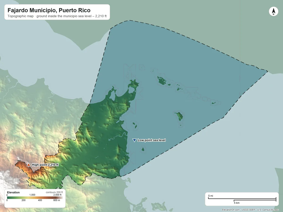 Topographic elevation map of Fajardo Municipio, Puerto Rico, shaded from sea level on the Sonda de Vieques to 2,210 ft on the southwest side
