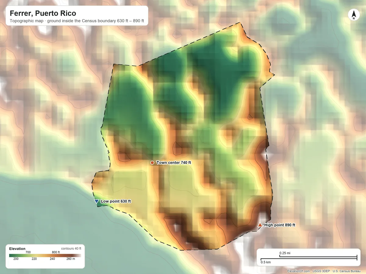 Topographic elevation map of Ferrer, Puerto Rico, shaded from 630 ft on the southwest side to 890 ft on the southeast edge, below higher ground just outside