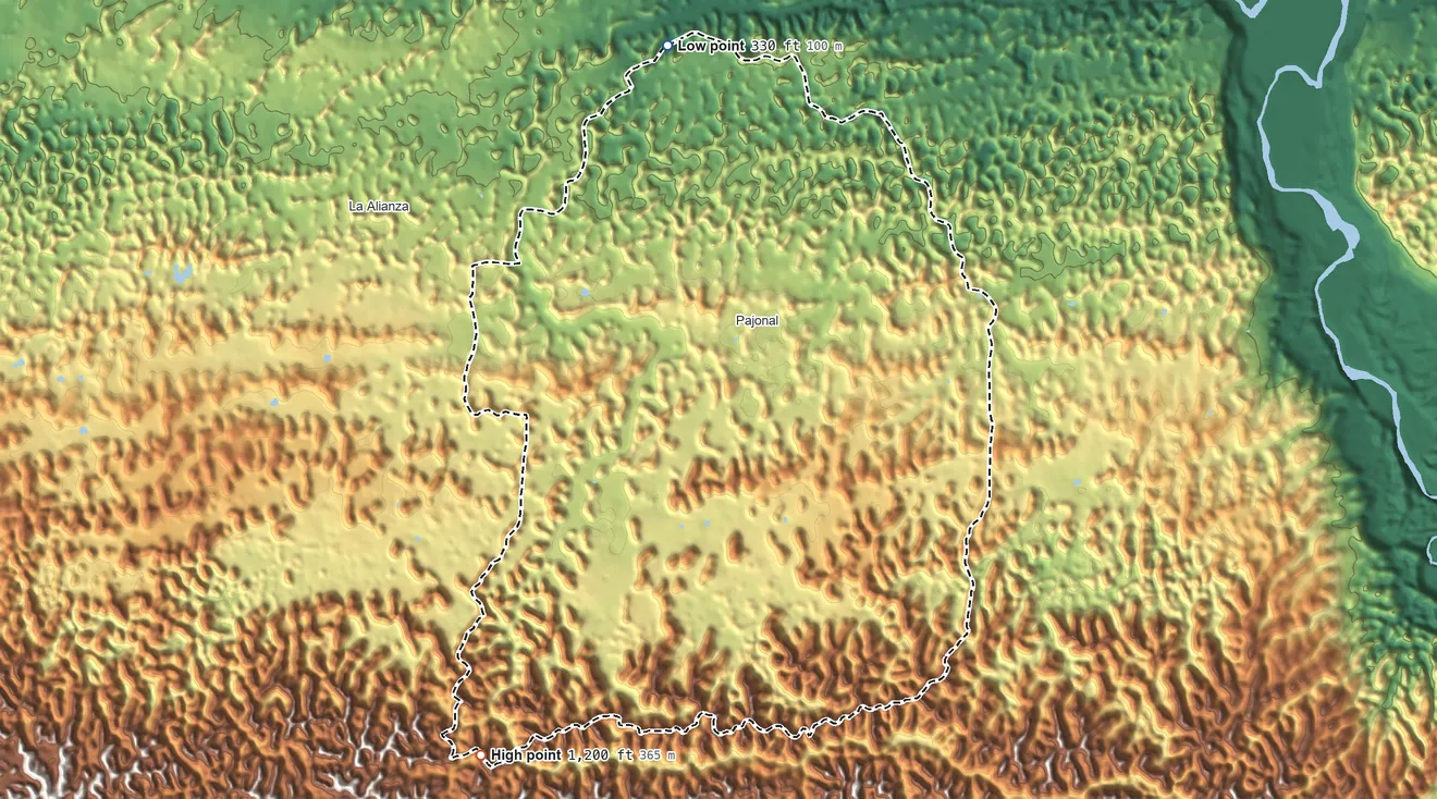 Topographic elevation map of Florida Municipio, Puerto Rico, shaded from 330 ft on the north side to 1,200 ft on the southwest side