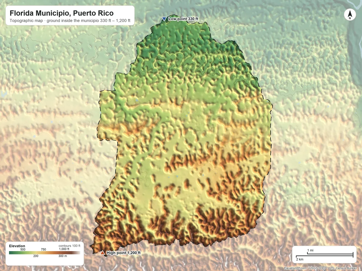 Topographic elevation map of Florida Municipio, Puerto Rico, shaded from 330 ft on the north side to 1,200 ft on the southwest side