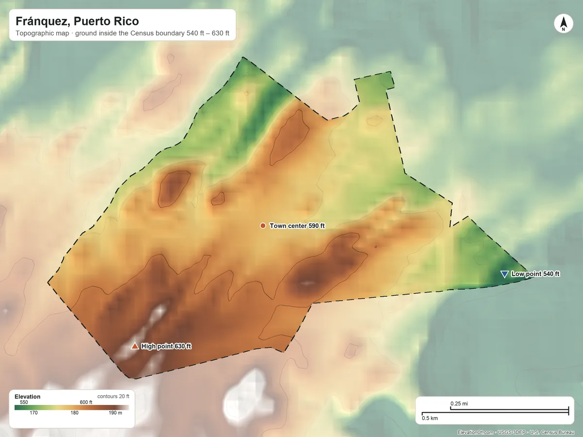 Topographic elevation map of Fránquez, Puerto Rico, shaded from 540 ft on the east side to 630 ft at the foot of the Montañas de Corozal