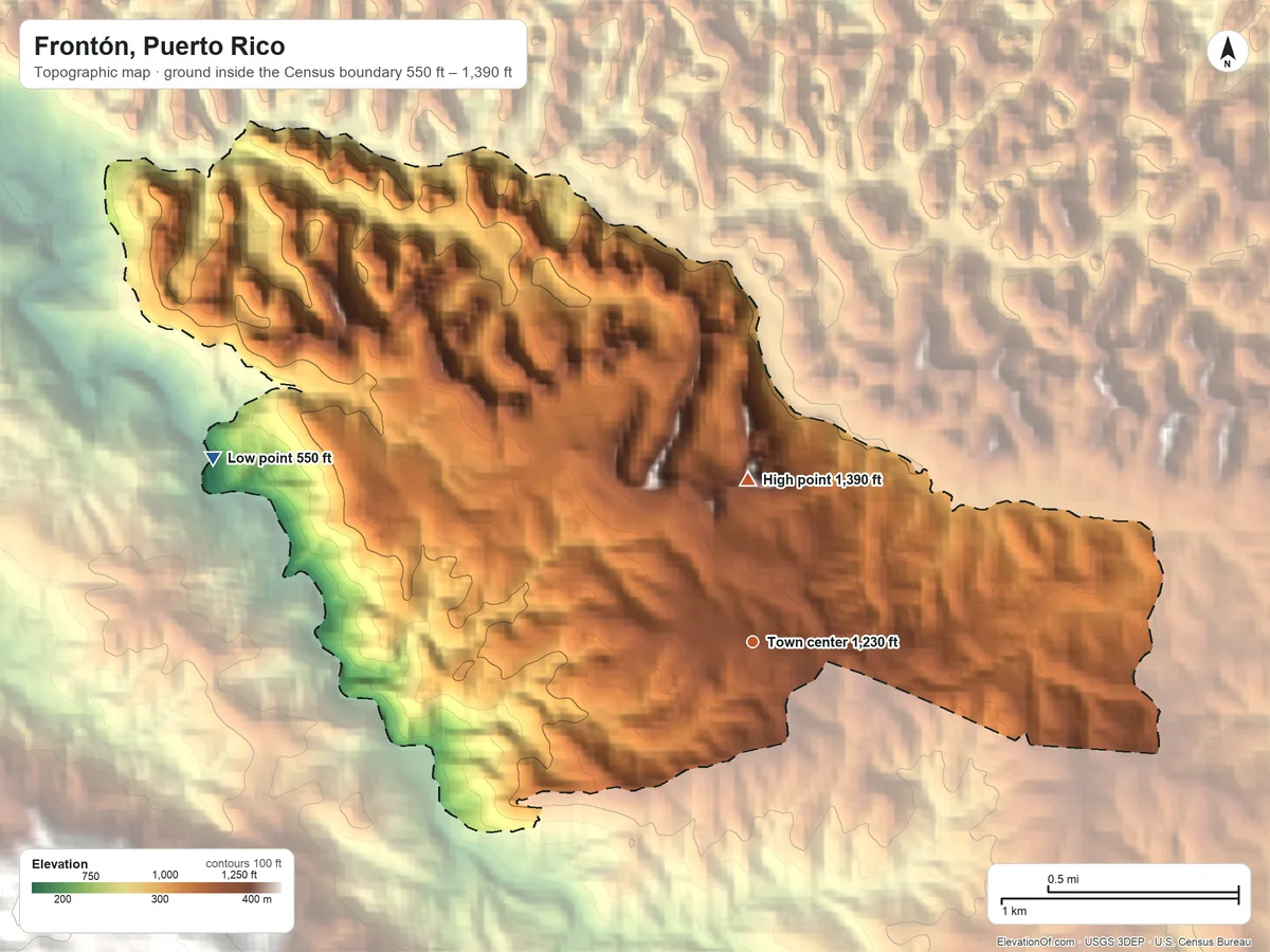 Topographic elevation map of Frontón, Puerto Rico, shaded from 550 ft on the west side to 1,390 ft on the north side