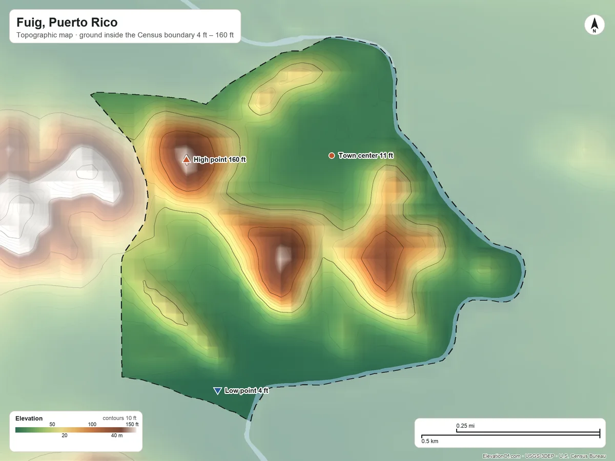 Topographic elevation map of Fuig, Puerto Rico, shaded from 4 ft on the southwest side to 160 ft at the foot of the Montes de Barina
