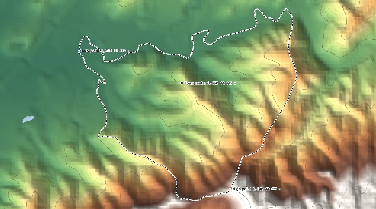 Topographic elevation map of G. L. García, Puerto Rico, shaded from 1,240 ft on the west side to 2,140 ft at the foot of the Sierra de Cayey
