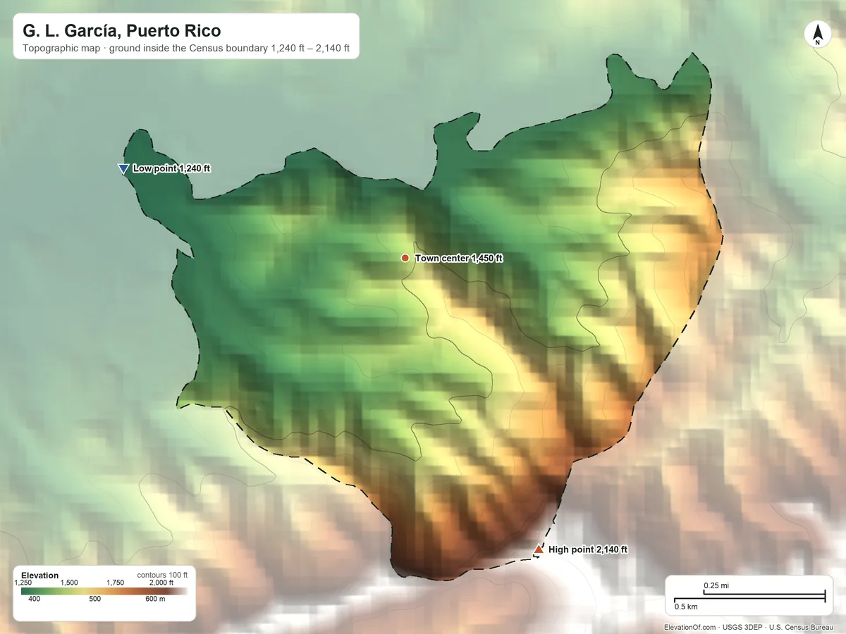 Topographic elevation map of G. L. García, Puerto Rico, shaded from 1,240 ft on the west side to 2,140 ft at the foot of the Sierra de Cayey
