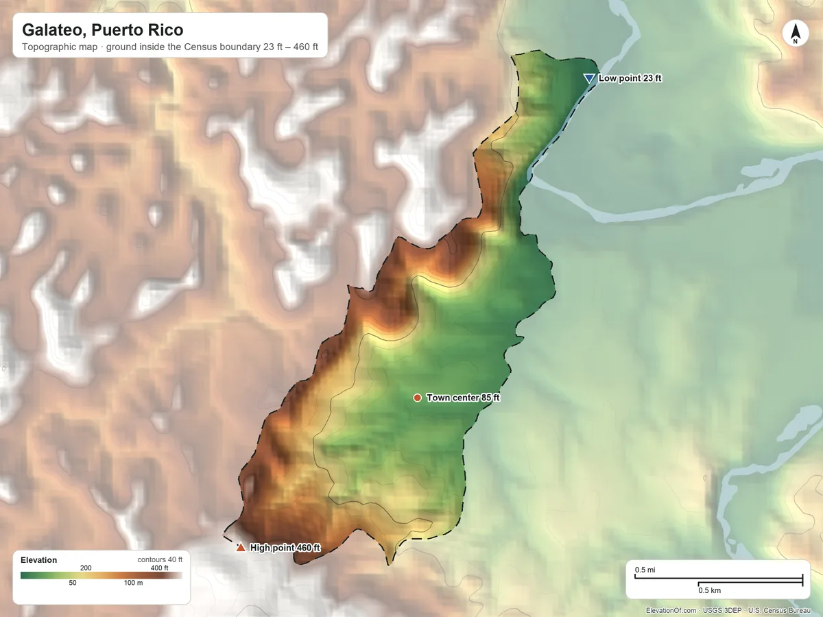 Topographic elevation map of Galateo, Puerto Rico, shaded from 23 ft on the northeast side to 460 ft at the foot of the Montañas de Corozal