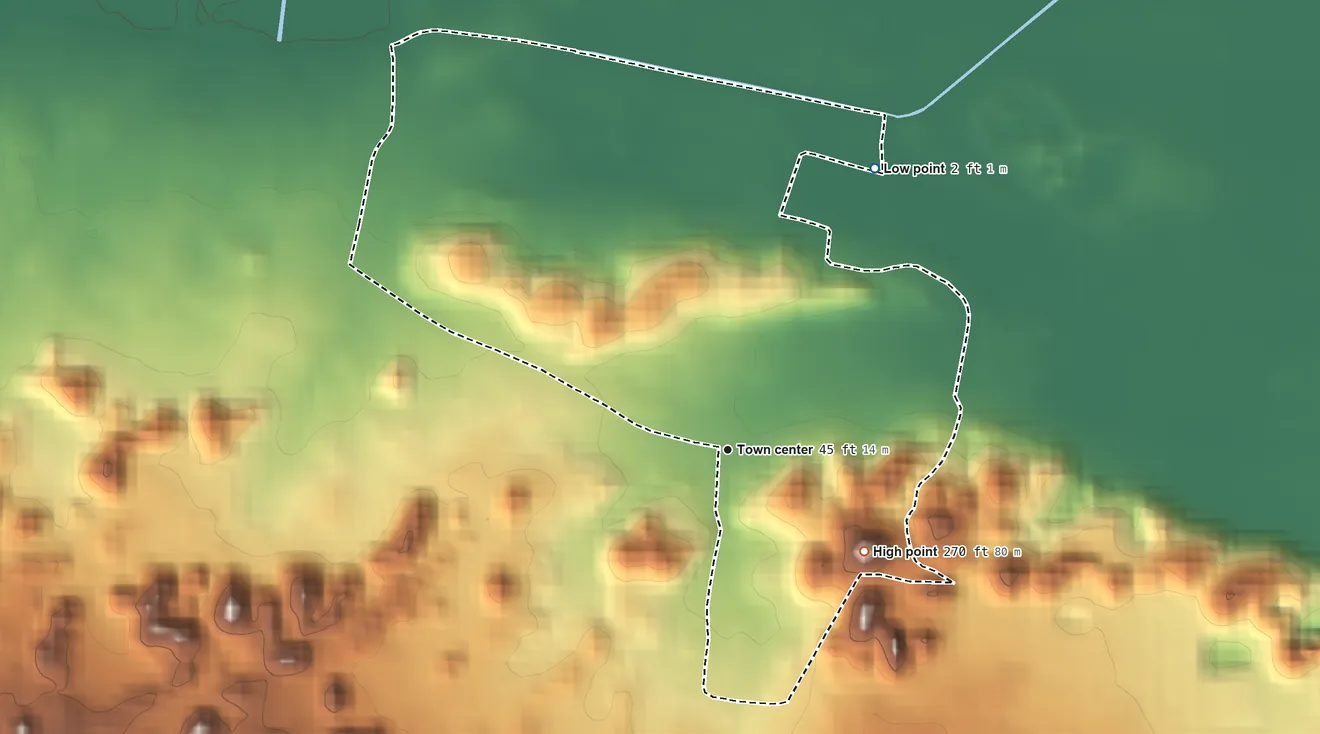 Topographic elevation map of Garrochales, Puerto Rico, shaded from 2 ft on the northeast side to 270 ft on the southeast side