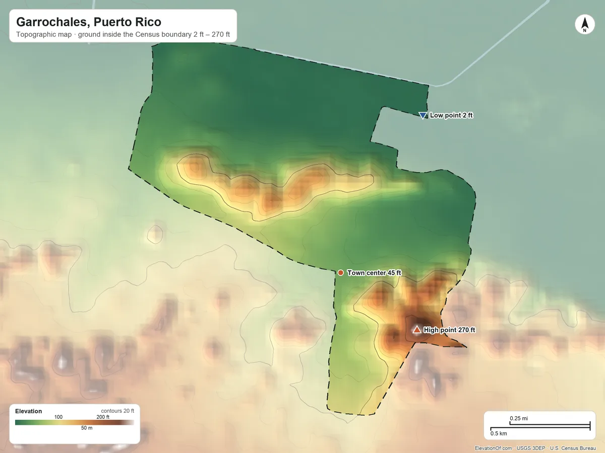 Topographic elevation map of Garrochales, Puerto Rico, shaded from 2 ft on the northeast side to 270 ft on the southeast side