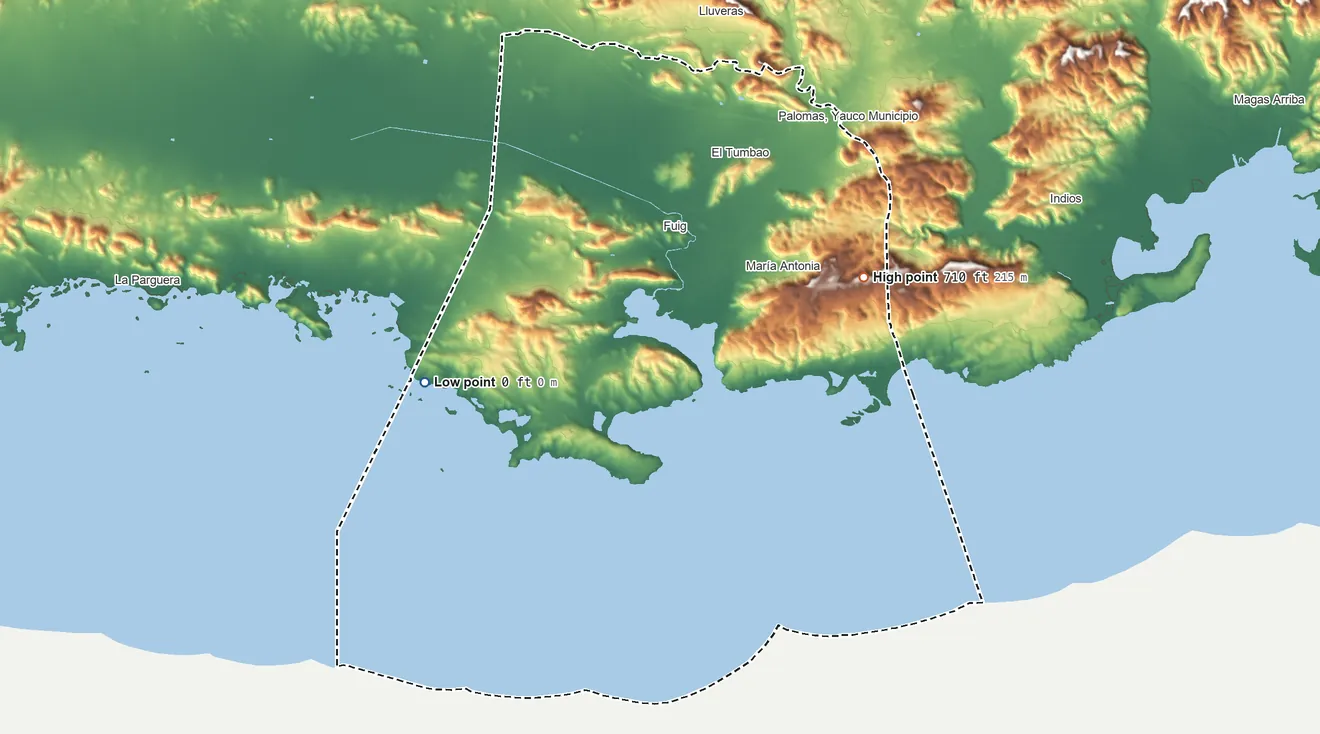 Topographic elevation map of Guánica Municipio, Puerto Rico, shaded from sea level on the Mar Caribe to 710 ft on the northeast side