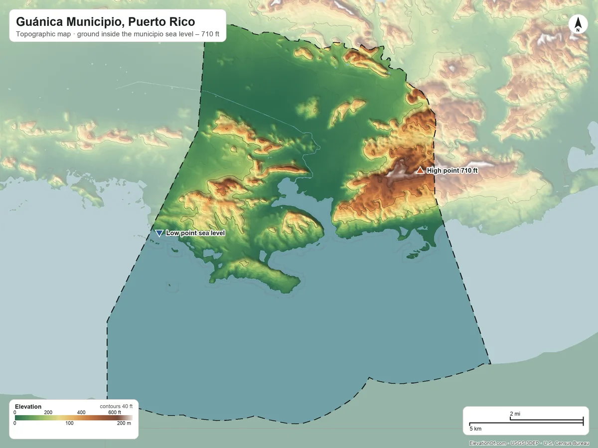 Topographic elevation map of Guánica Municipio, Puerto Rico, shaded from sea level on the Mar Caribe to 710 ft on the northeast side