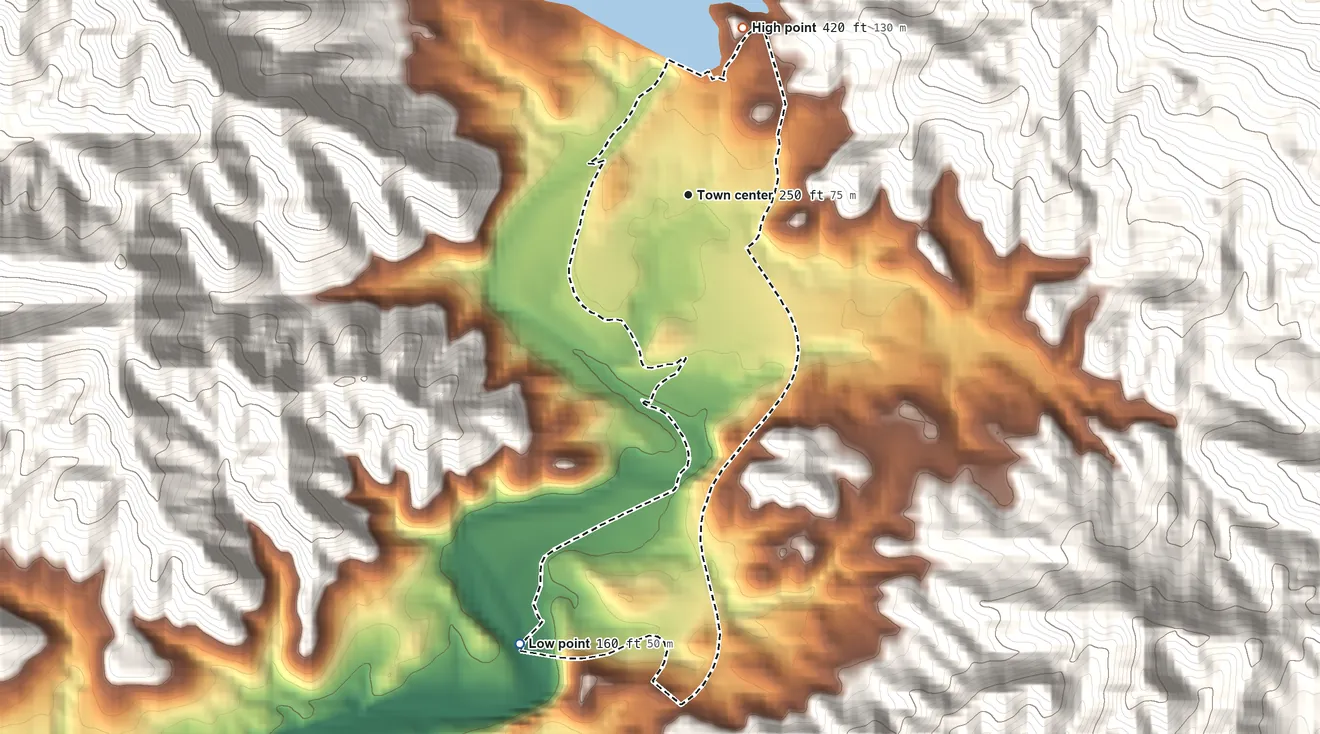 Topographic elevation map of Guayabal, Puerto Rico, shaded from 160 ft on the south side to 420 ft at the foot of the Cordillera Central