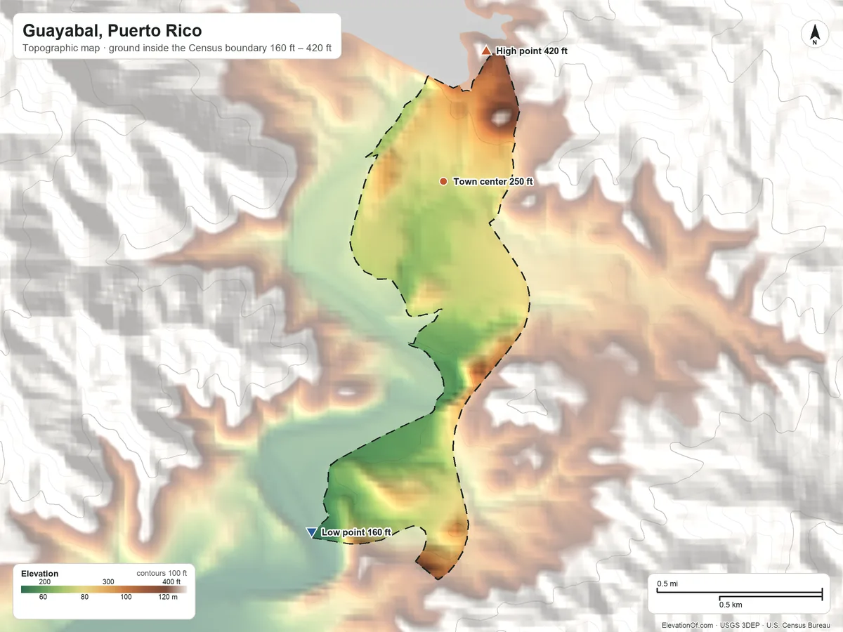 Topographic elevation map of Guayabal, Puerto Rico, shaded from 160 ft on the south side to 420 ft at the foot of the Cordillera Central