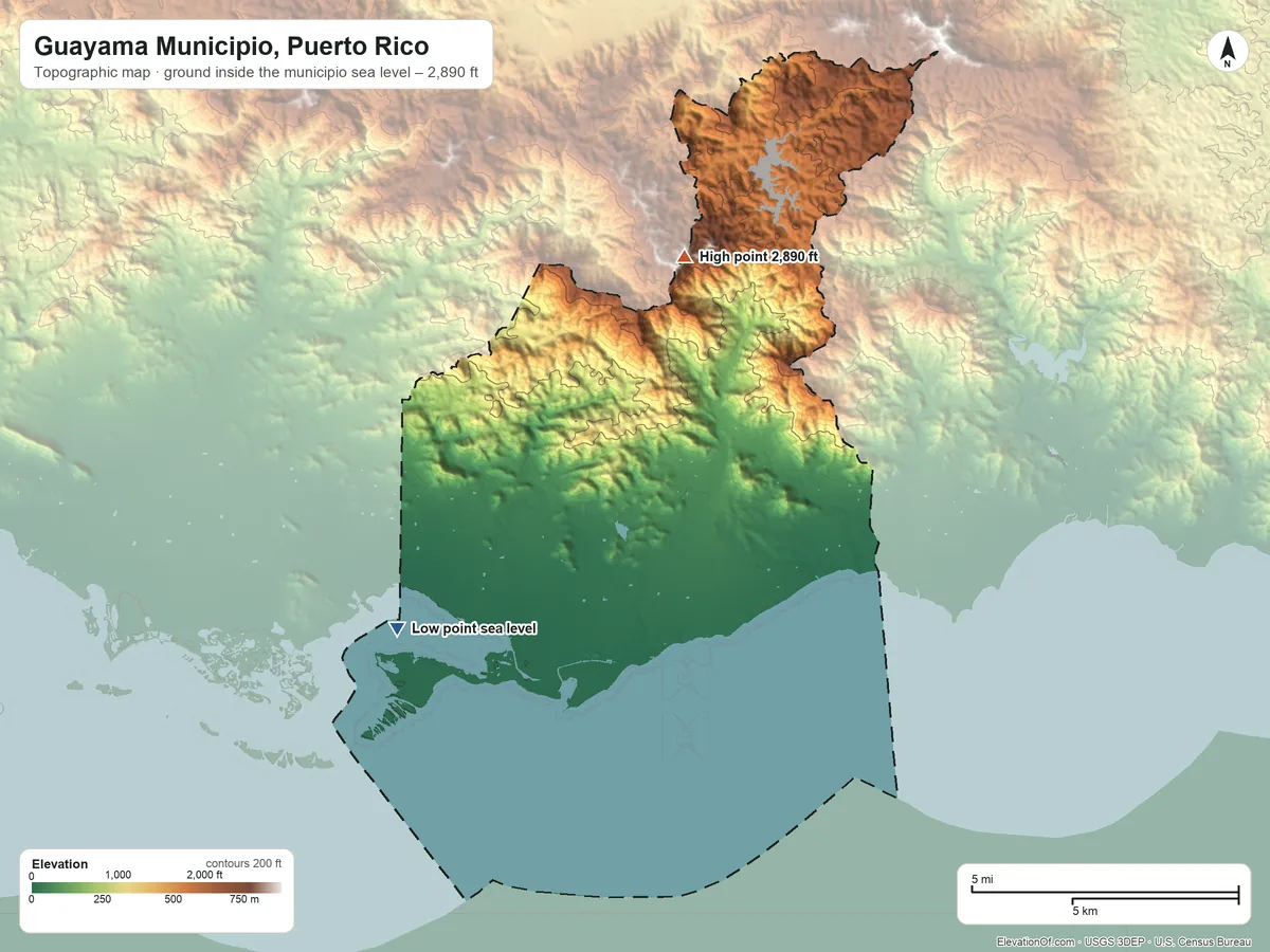 Topographic elevation map of Guayama Municipio, Puerto Rico, shaded from sea level on the Bahía de Jobos to 2,890 ft on Cerro de la Tabla