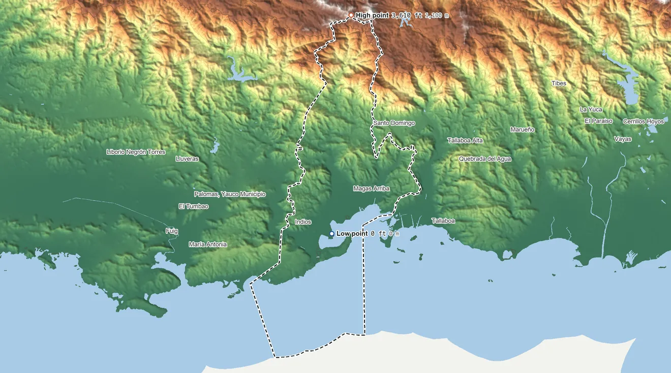 Topographic elevation map of Guayanilla Municipio, Puerto Rico, shaded from sea level on the Puerto de Guayanilla to 3,610 ft on the north side