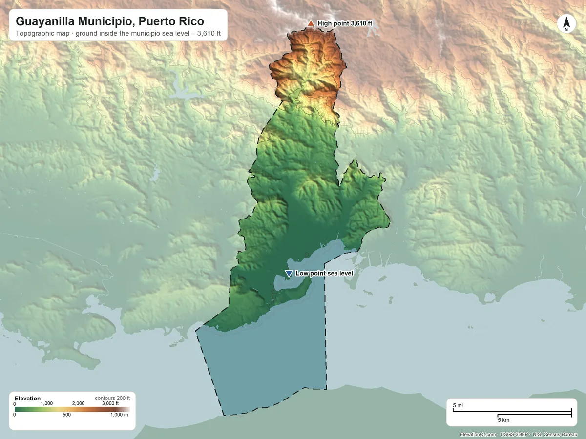Topographic elevation map of Guayanilla Municipio, Puerto Rico, shaded from sea level on the Puerto de Guayanilla to 3,610 ft on the north side