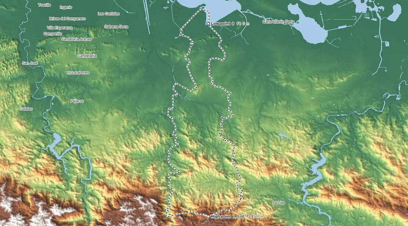 Topographic elevation map of Guaynabo Municipio, Puerto Rico, shaded from sea level on the Bahía de San Juan to 1,640 ft on the south side