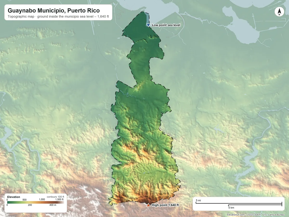 Topographic elevation map of Guaynabo Municipio, Puerto Rico, shaded from sea level on the Bahía de San Juan to 1,640 ft on the south side