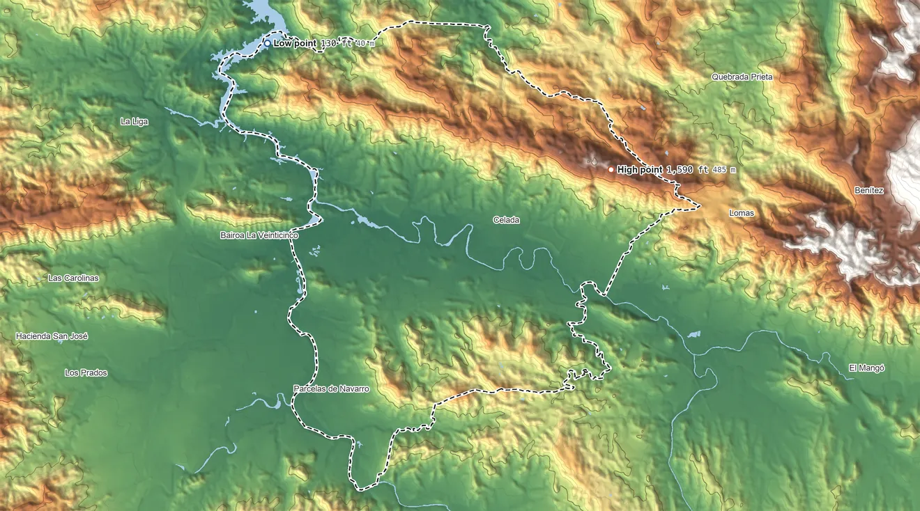Topographic elevation map of Gurabo Municipio, Puerto Rico, shaded from 130 ft on the northwest side to 1,590 ft on the northeast side