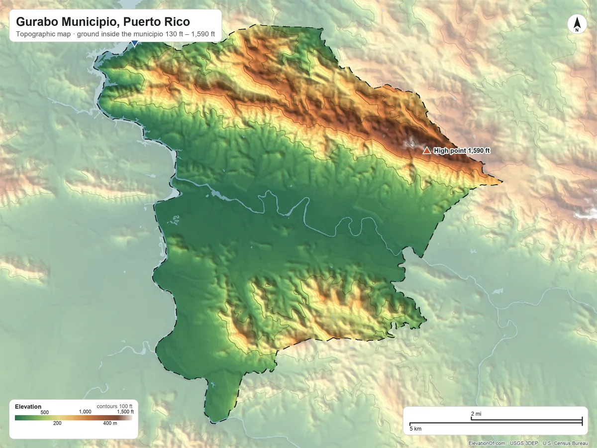 Topographic elevation map of Gurabo Municipio, Puerto Rico, shaded from 130 ft on the northwest side to 1,590 ft on the northeast side