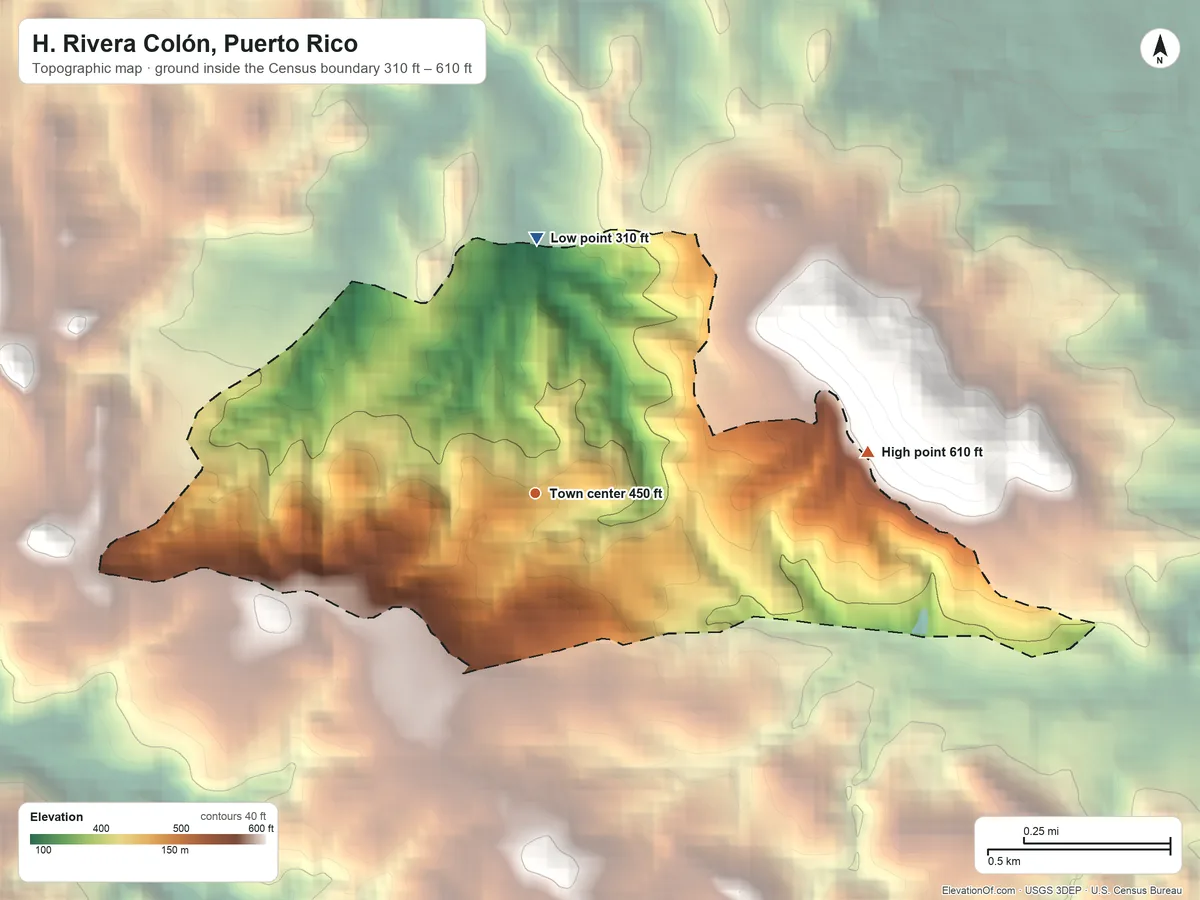 Topographic elevation map of H. Rivera Colón, Puerto Rico, shaded from 310 ft on the north side to 610 ft on the east side