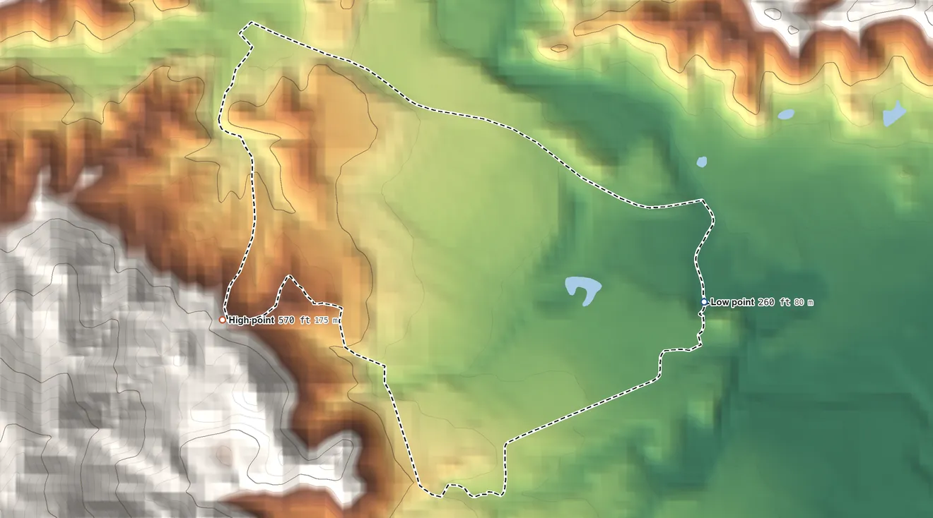 Topographic elevation map of Hacienda San José, Puerto Rico, shaded from 260 ft on the east side to 570 ft at the foot of the Altos de la Mesa