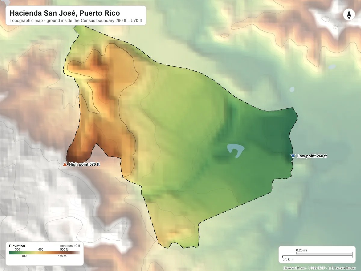 Topographic elevation map of Hacienda San José, Puerto Rico, shaded from 260 ft on the east side to 570 ft at the foot of the Altos de la Mesa
