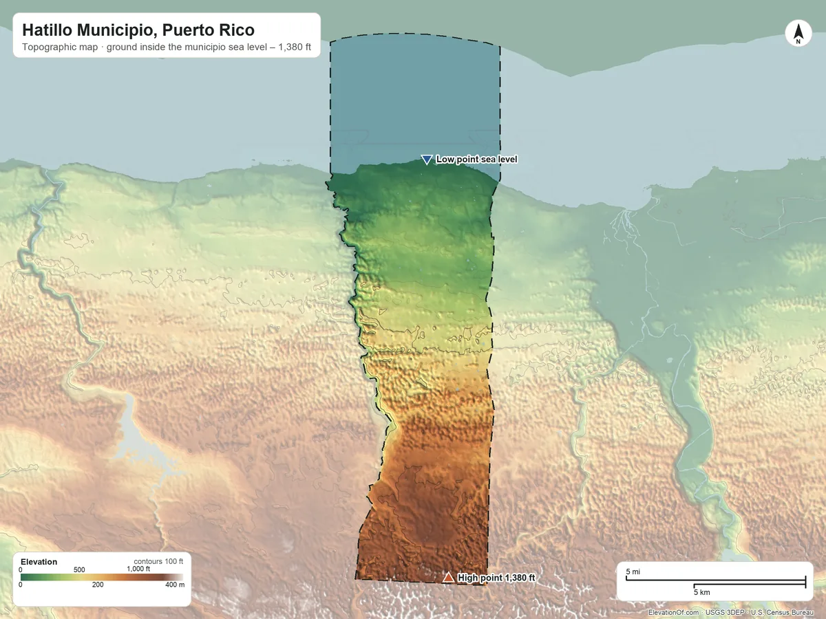 Topographic elevation map of Hatillo Municipio, Puerto Rico, shaded from sea level on the Océano Atlántico to 1,380 ft on the south side