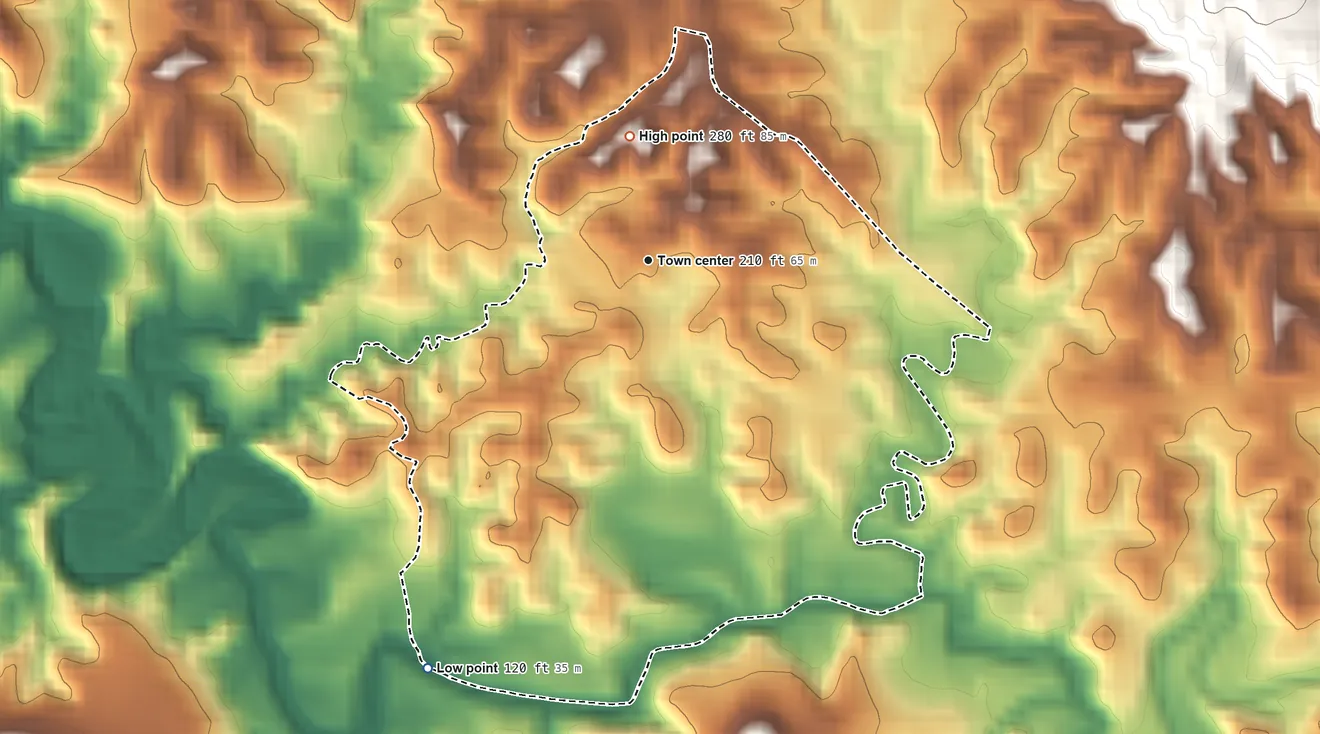 Topographic elevation map of Hato Arriba, Puerto Rico, shaded from 120 ft on the southwest side to 280 ft at the foot of the Cordillera Jaicoa
