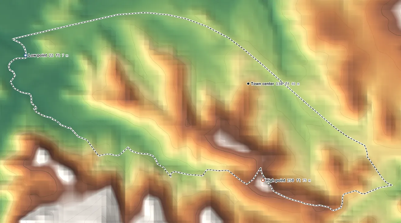 Topographic elevation map of Hato Candal, Puerto Rico, shaded from 22 ft on the west side to 250 ft at the foot of the Sierra de Luquillo