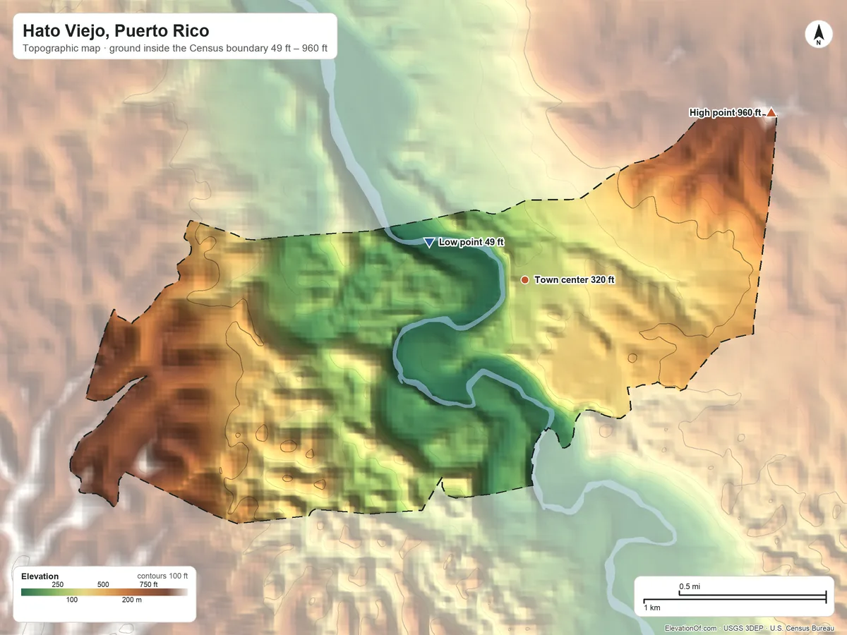 Topographic elevation map of Hato Viejo, Puerto Rico, shaded from 49 ft on the west side to 960 ft on Cerro de la Bandera
