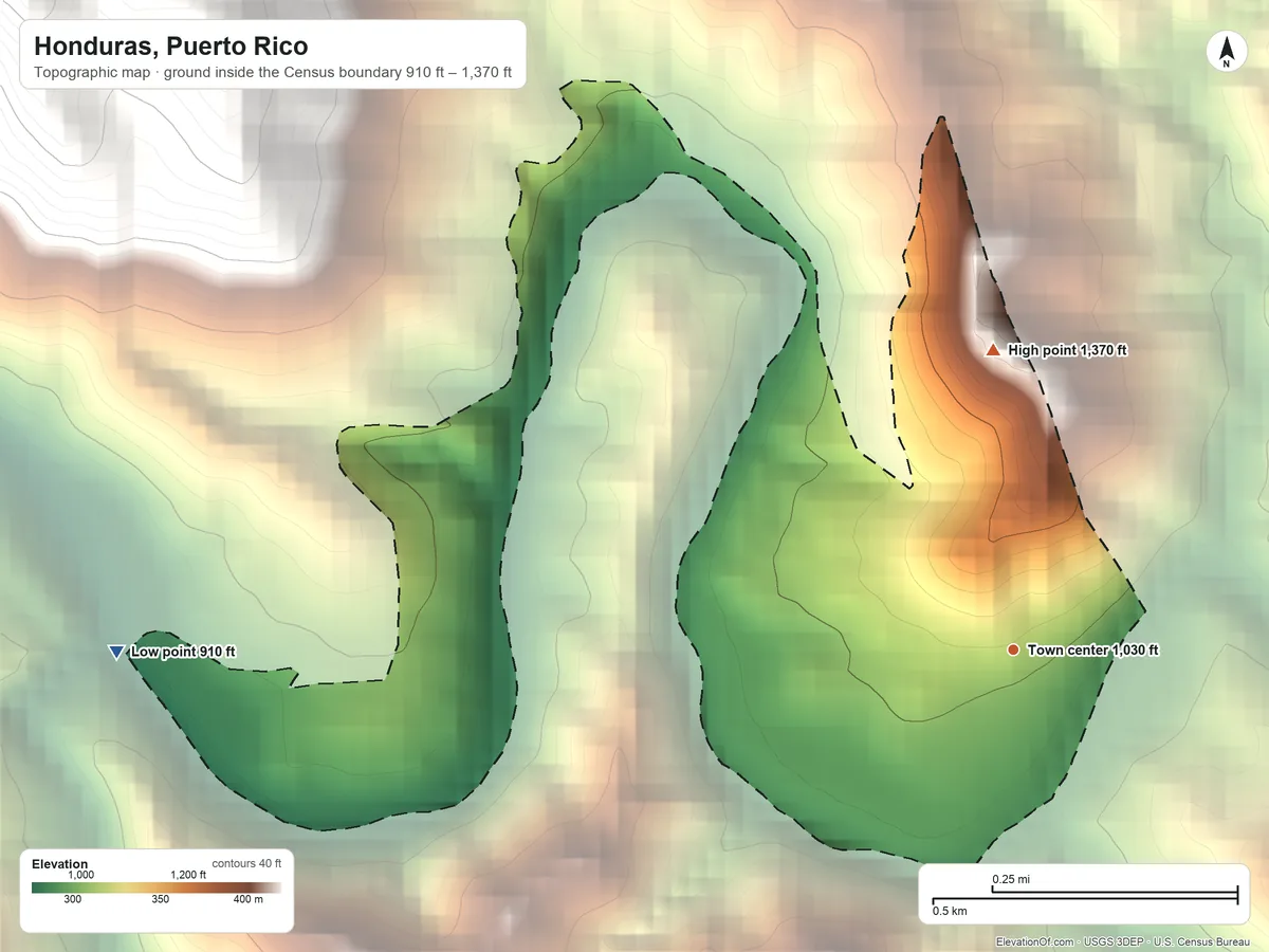 Topographic elevation map of Honduras, Puerto Rico, shaded from 910 ft on the west side to 1,370 ft at the foot of the Sierra de Jájome