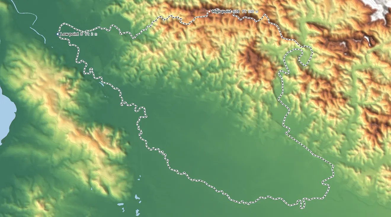 Topographic elevation map of Hormigueros Municipio, Puerto Rico, shaded from 8 ft on the northwest side to 620 ft on the north side