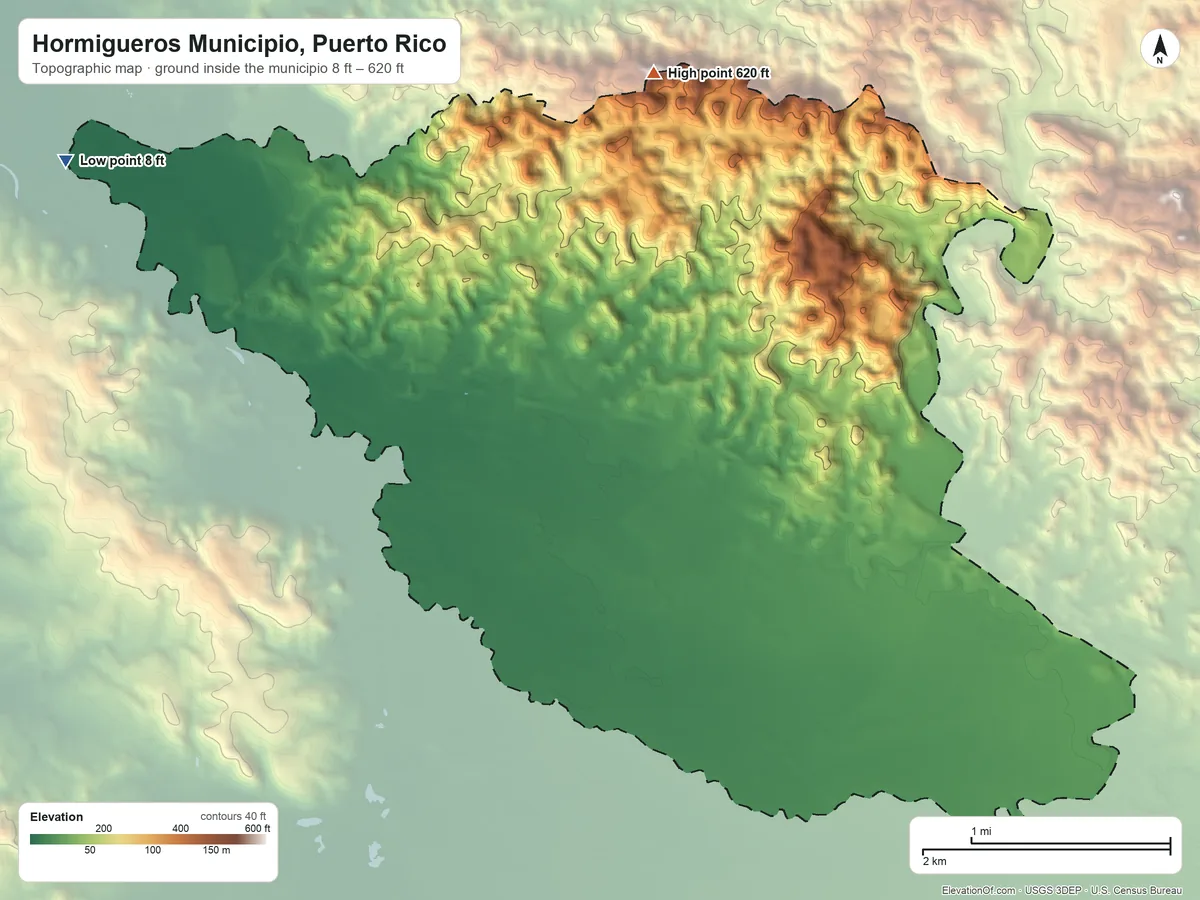 Topographic elevation map of Hormigueros Municipio, Puerto Rico, shaded from 8 ft on the northwest side to 620 ft on the north side