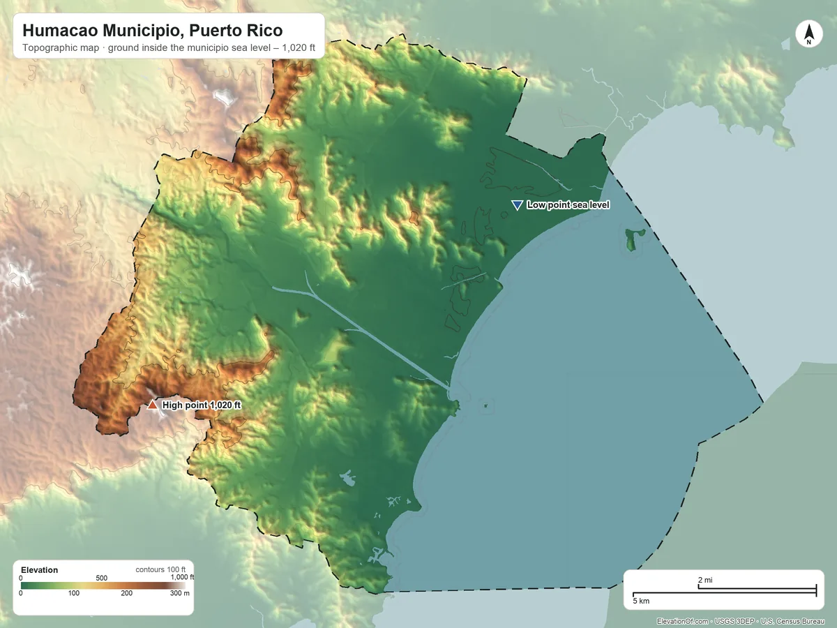 Topographic elevation map of Humacao Municipio, Puerto Rico, shaded from sea level on the Mar Caribe to 1,020 ft on the west side