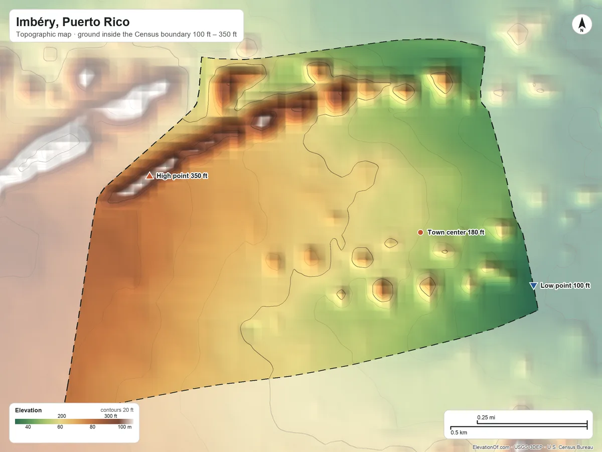 Topographic elevation map of Imbéry, Puerto Rico, shaded from 100 ft on the southeast side to 350 ft on the west side