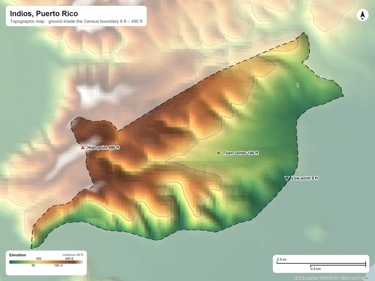Topographic elevation map of Indios, Puerto Rico, shaded from 9 ft on the east side to 490 ft on the west side