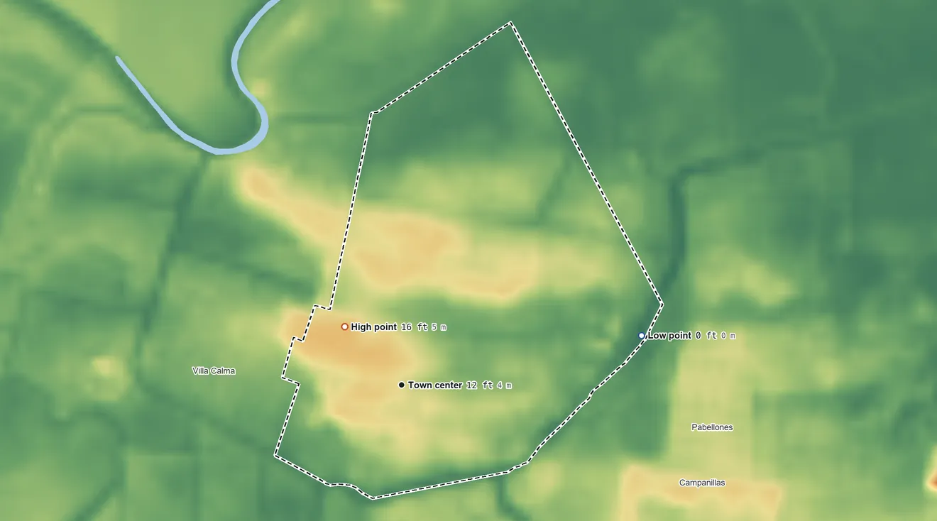 Topographic elevation map of Ingenio, Puerto Rico, shaded from 0 ft on the east side to 16 ft on the northwest side