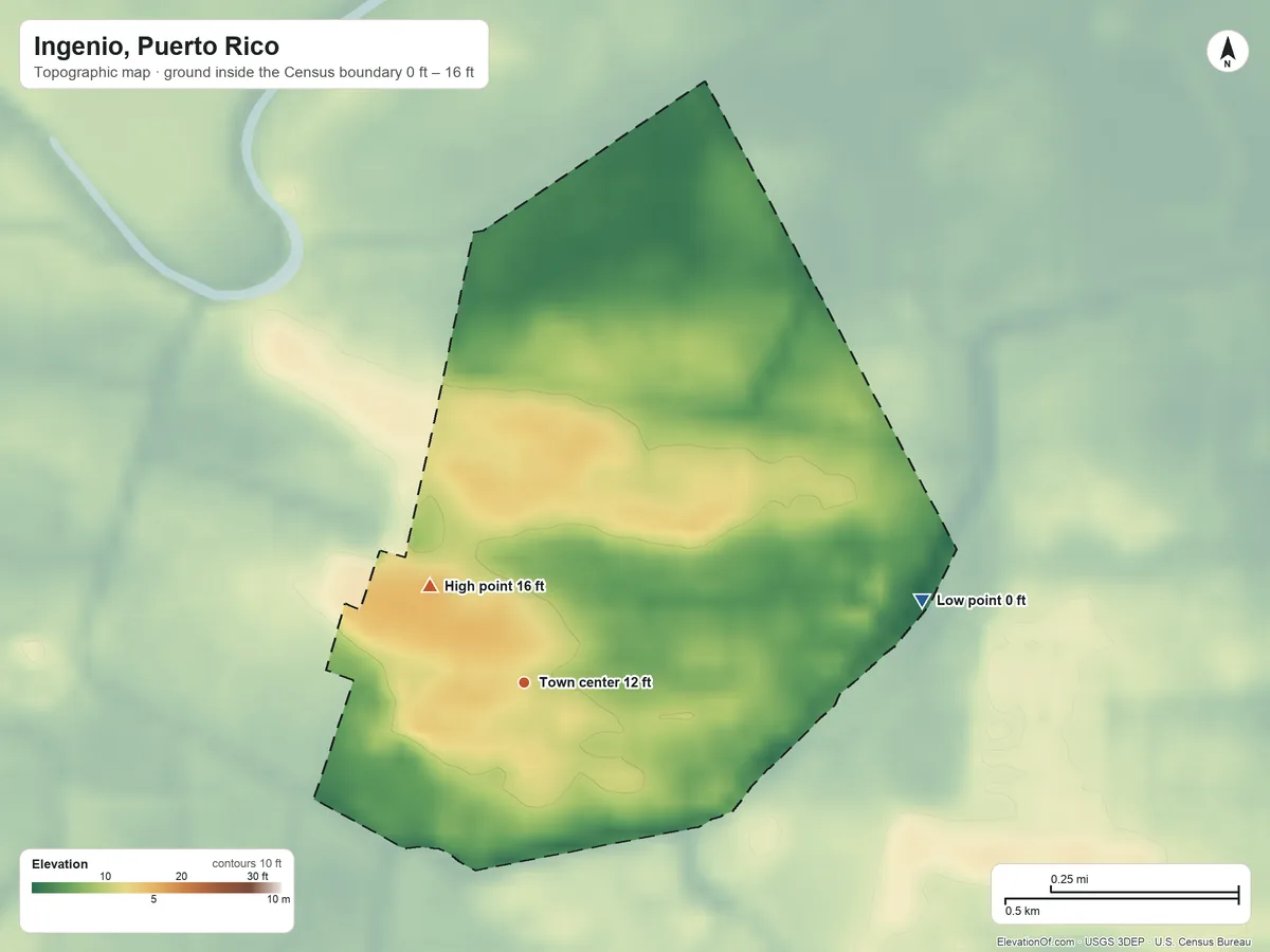 Topographic elevation map of Ingenio, Puerto Rico, shaded from 0 ft on the east side to 16 ft on the northwest side