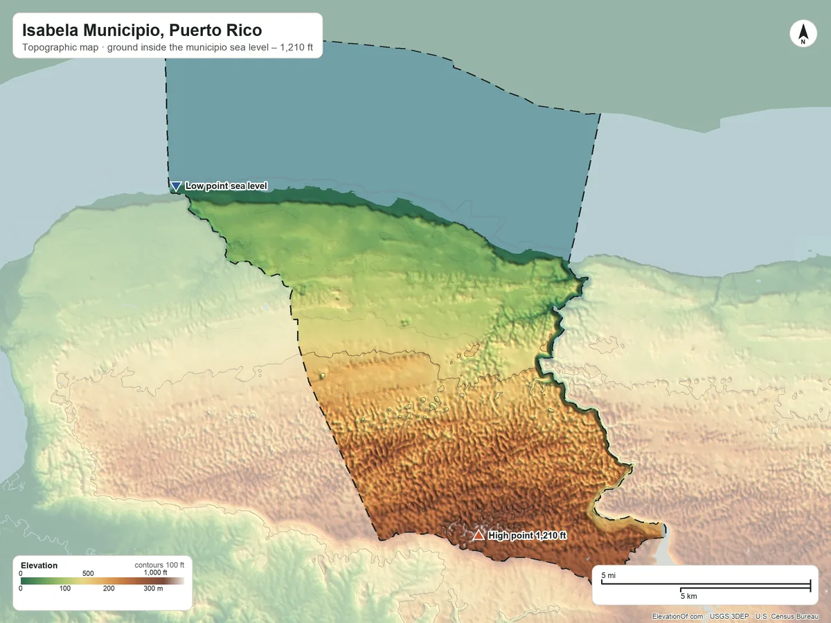 Topographic elevation map of Isabela Municipio, Puerto Rico, shaded from sea level on the Océano Atlántico to 1,210 ft on the south side